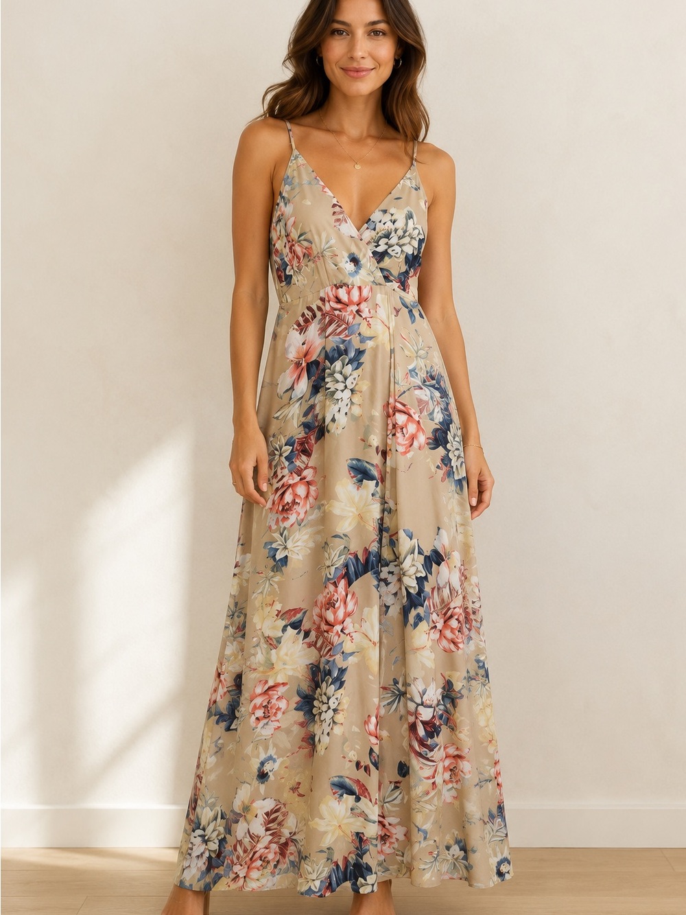 Lulu's Beige Floral V-Neck Spaghetti-Strap Maxi Dress